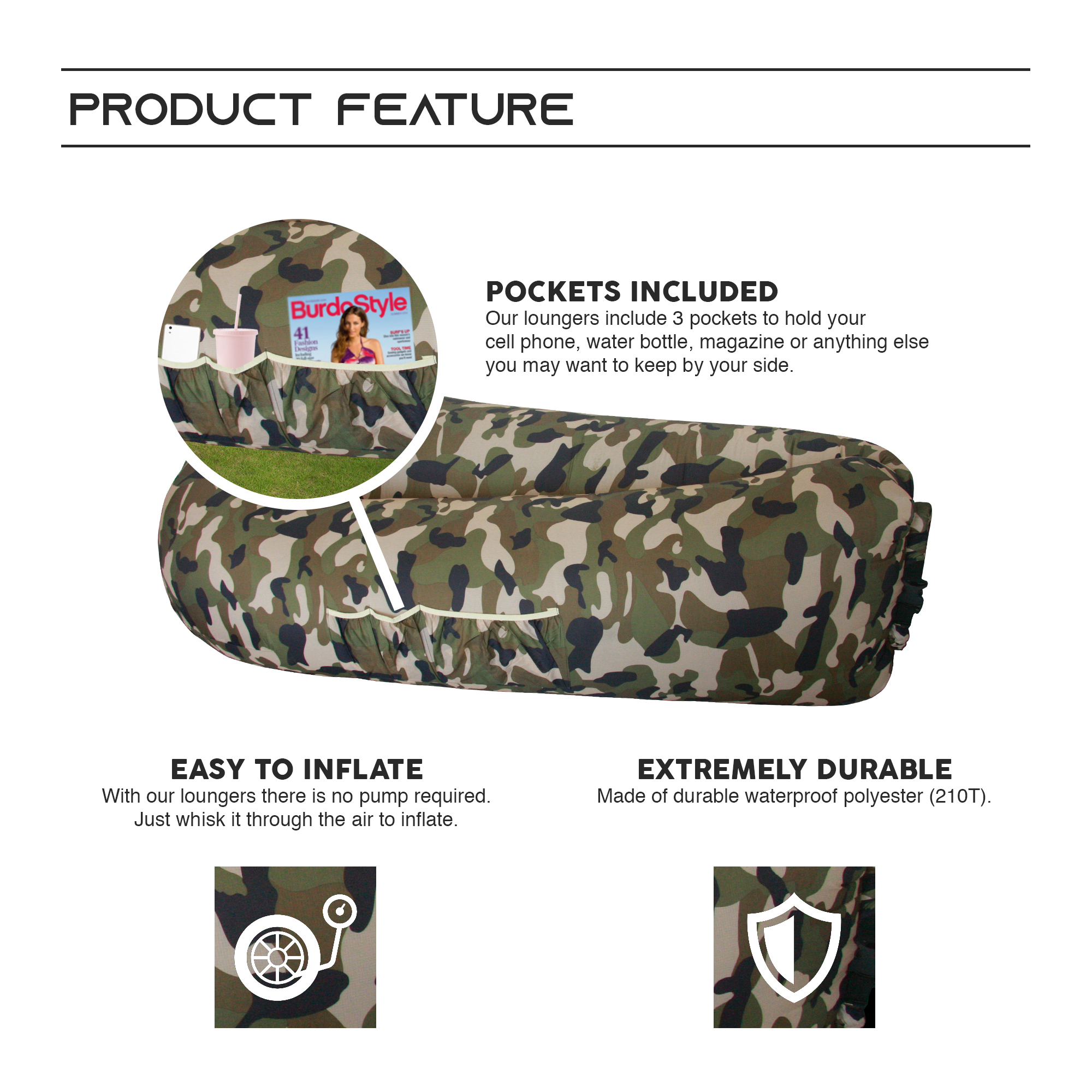 Mockins Inflatable 2 Pack Camouflage Blow Up Lounger Beach Chair With